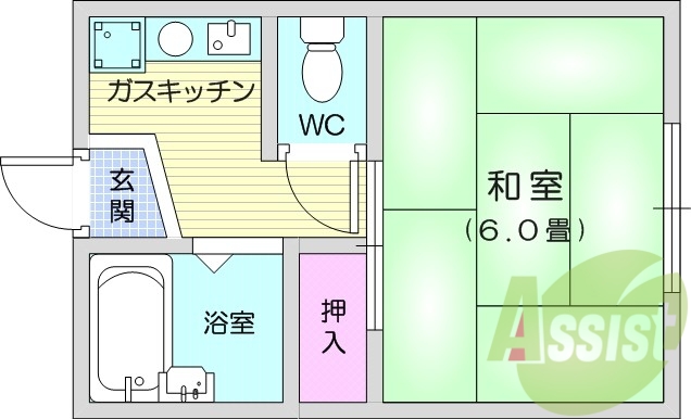 １Ｋ、和室、浴室、洗面台、トイレ、ガスキッチン、押入。