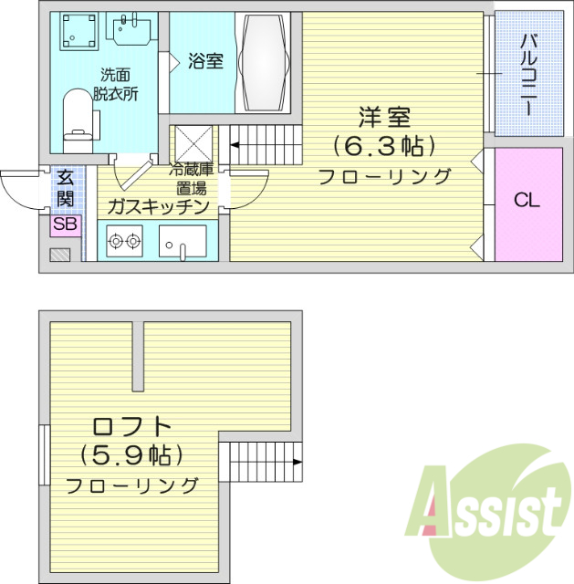 1K、ロフト付き、プロパンガス、モニター付きドアホン