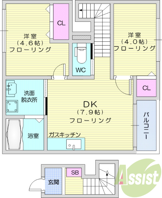 2DK、バストイレ別、温水洗浄便座付き、室内洗濯置場
