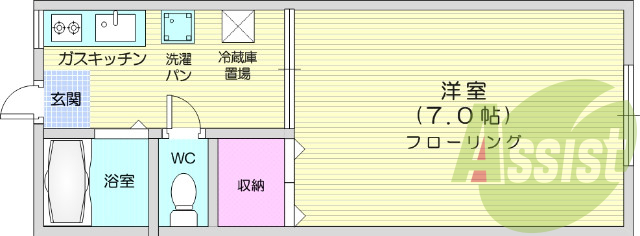 １Ｋ，南向き、温水洗浄便座、都市ガス、フローリング