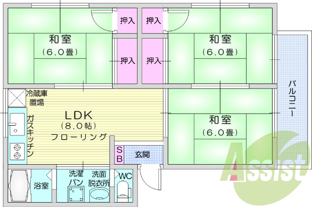 3LDK、エアコン、室内洗濯機置場、トイレ浴室別、収納