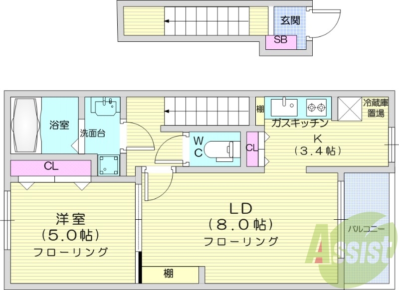 1LDK、ＢＴ別、浴室乾燥機、温水洗浄便座、シャワー付洗面台