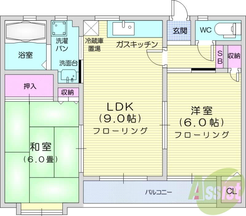2LDK、バストイレ別、独立洗面台、追焚機能