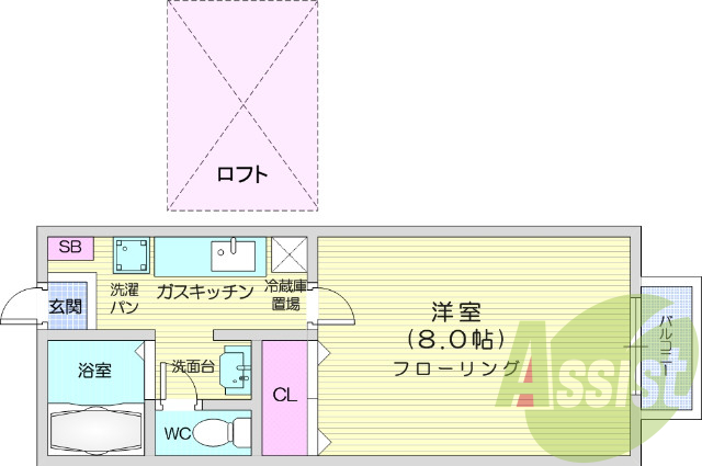 １K、駐車場一台無料、ロフト付き、独立洗面台