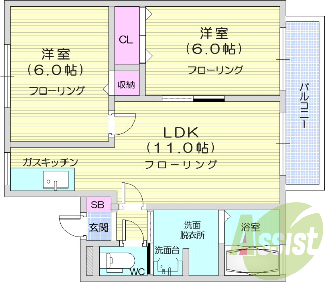 ２ＬＤＫ、バス・トイレ別、バルコニー、クローゼット