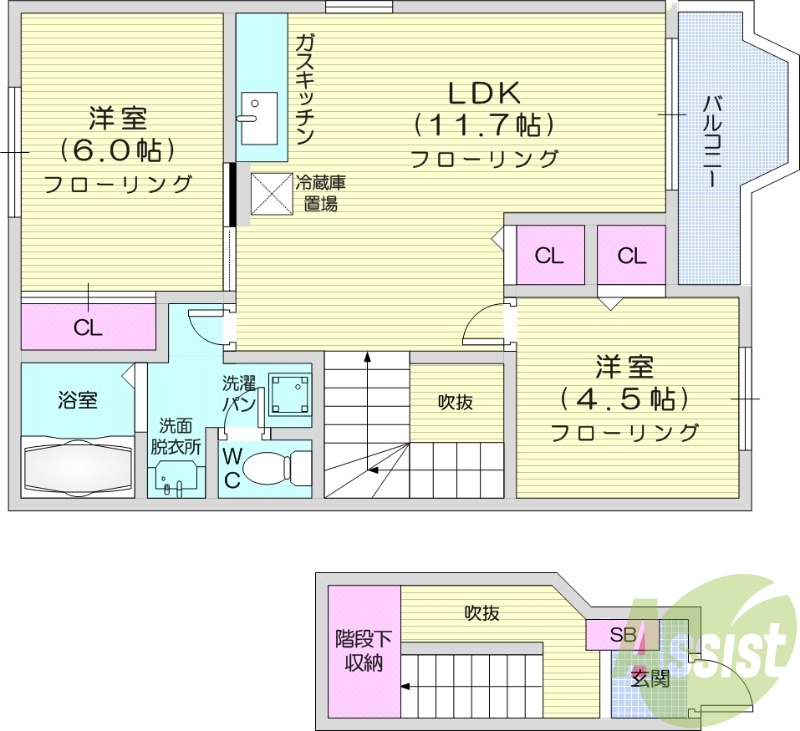 2LDK、　モニター付きインターホン、温水洗浄便座