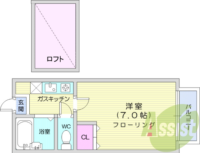 １Ｋ、エアコン、東向き、バストイレ別、バルコニー