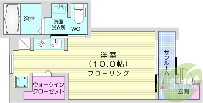 １K、追い焚き機能、浴室乾燥機、システムキッチン
