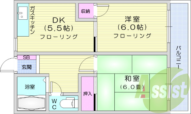 2DK、モニター付インターホン、シャンプードレッサー