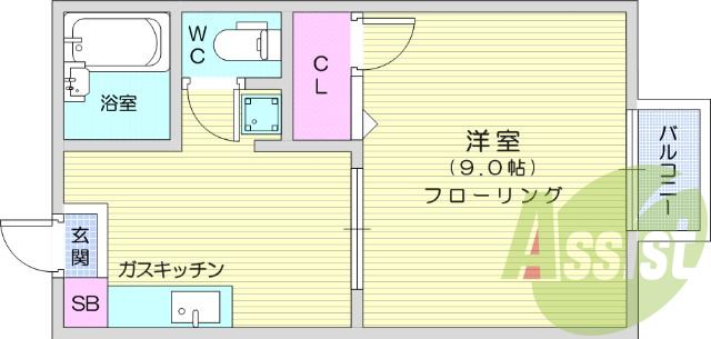 1K、フローリング、浴室乾燥機、浴室暖房、室内物干し、給湯