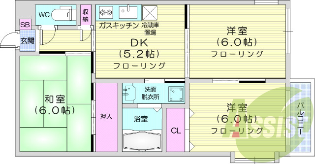 3DK、独立洗面台、駐車場付き、バストイレ別