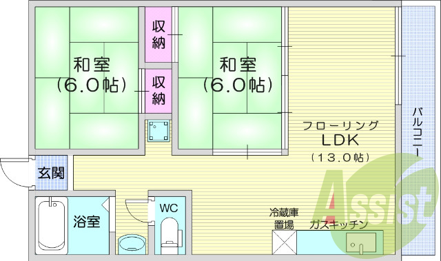 2LDK、フローリング、バストイレ別、エアコン
