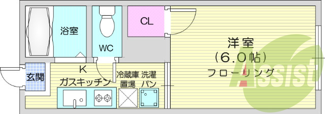 1K、バストイレ別、室内洗濯機置場、収納スペース