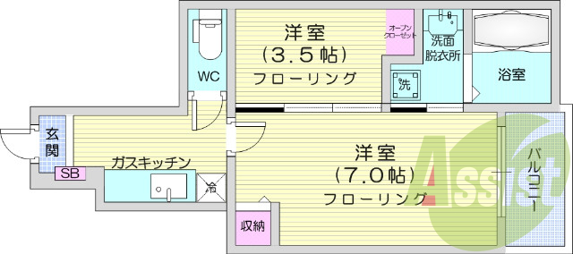 1SK、バストイレ別、シャワー付き洗面台、浴室乾燥機