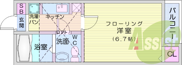 1K、フローリング、バストイレ別、エアコン