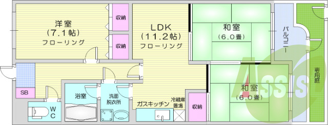 ３LDK、バス・トイレ別、エアコン、和室、専用庭