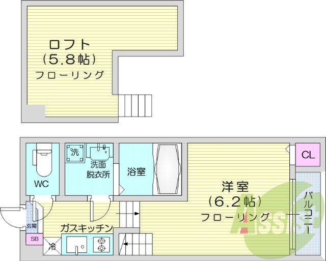 1Ｒ、浴室乾燥機、ロフト、ネット無料、2口ガスコンロつき