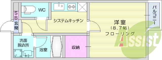 １K、モニター付きインターホン、システムキッチン