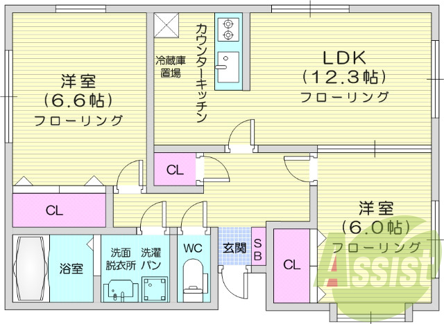 2LDK、バス・トイレ別、追い焚き機能、シャンプードレッサー