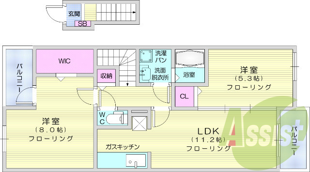 2LDK、フローリング、独立洗面、エアコン