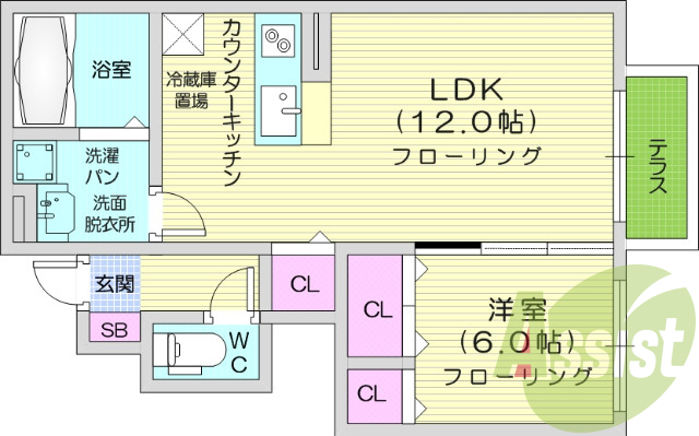 1LDK、バストイレ別、ウォシュレット、対面キッチン