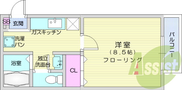 1K、エアコン、室内洗濯機置場、給湯、収納