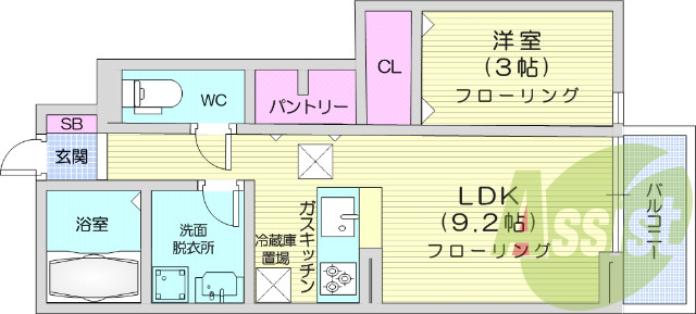 1LDK、バストイレ別、TVインターホン