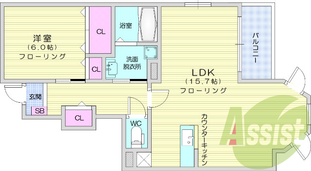 1LDK、フローリング、エアコン、クローゼット