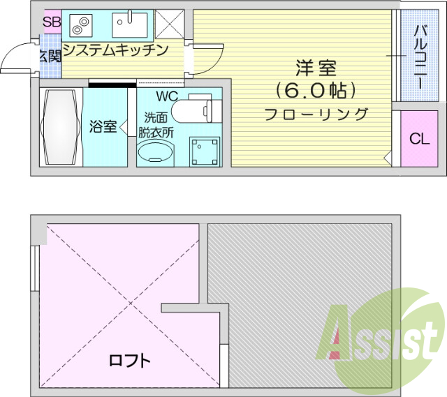 1K、バストイレ別、デザイン洗面台、角部屋