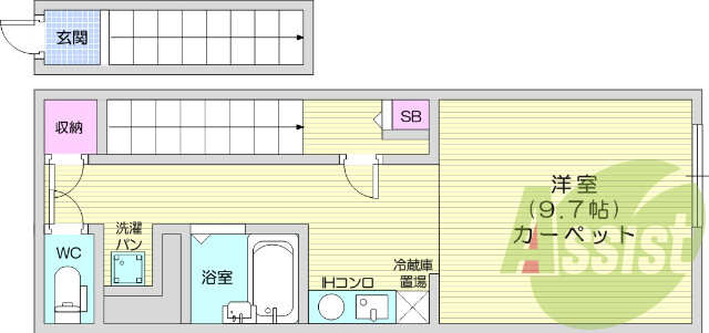１K、エアコン、カーペット、インターネット無料、角部屋