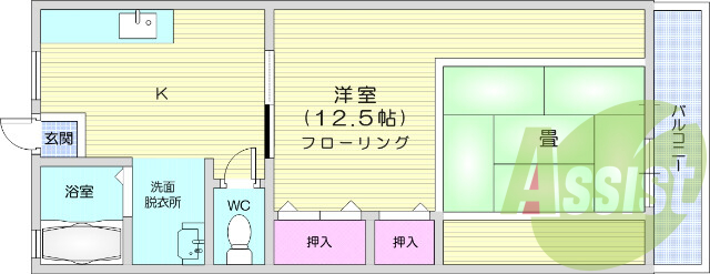 1K、南向き開口部、追い焚き機能付き浴室、独立洗面化粧台有り