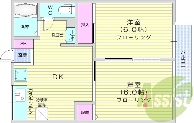 2DK、バス・トイレ別、洗面所独立、角部屋
