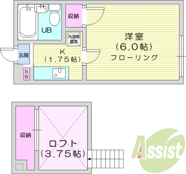 1K、陽当たり良好、ロフト部分収納スペース有り。