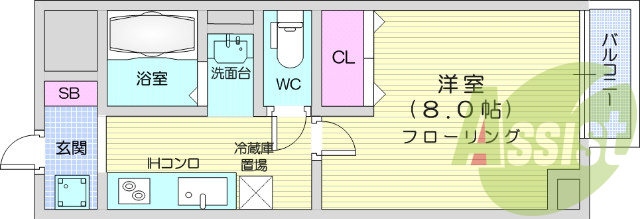 1K、バストイレ別、IH、室内洗濯機置場、バルコニー