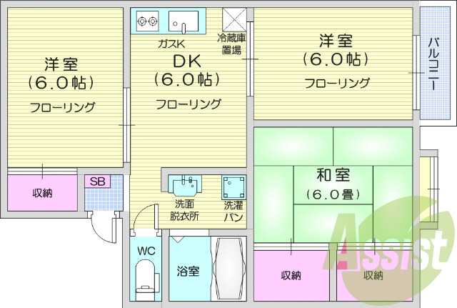 3DK、TV付きインターホン、エアコン、収納充実