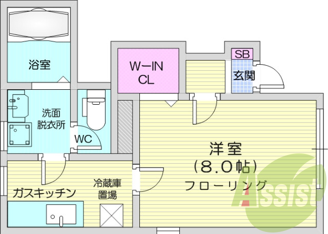 1K、モニター付きインターホン、ウォークインクローゼット