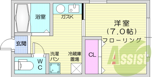 １K、エアコン、温水洗浄便座、シューズボックス、バストイレ別