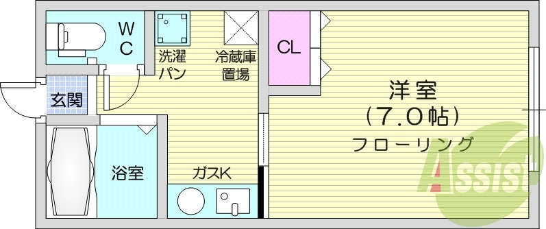 １K、エアコン、温水洗浄便座、シューズボックス、バストイレ別