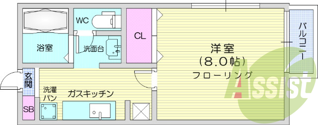 １K、バストイレ別、独立洗面台、バルコニー、エアコン