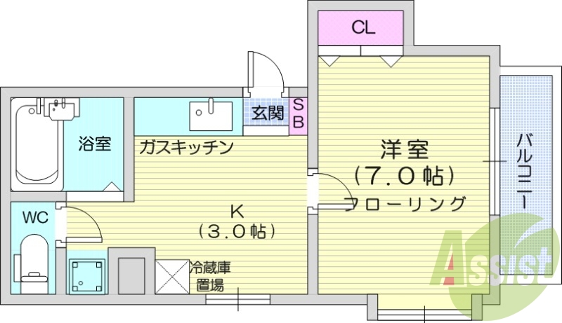 1K、都市ガス、室内洗濯機置場、バストイレ別