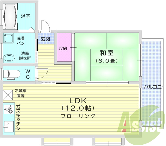 1LDK、バストイレ別、エアコン、追い焚き機能あり