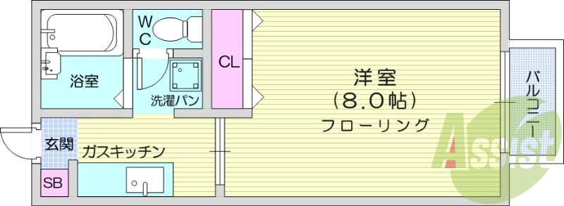 1K、バス・トイレ別、室内洗濯機置場、エアコン付