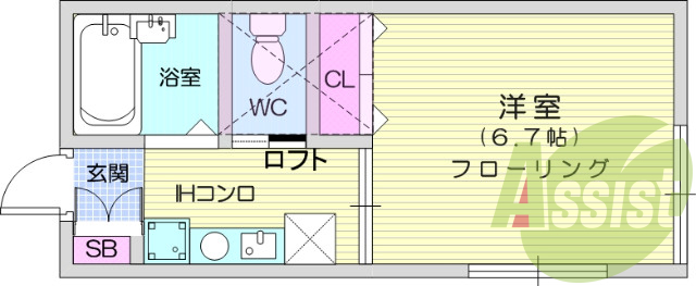 １K、ロフト付き、風呂トイレ別、電気コンロ付き