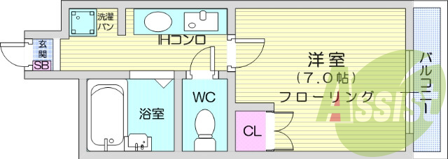 1K、エアコン、フローリング、クローゼット、シャワー