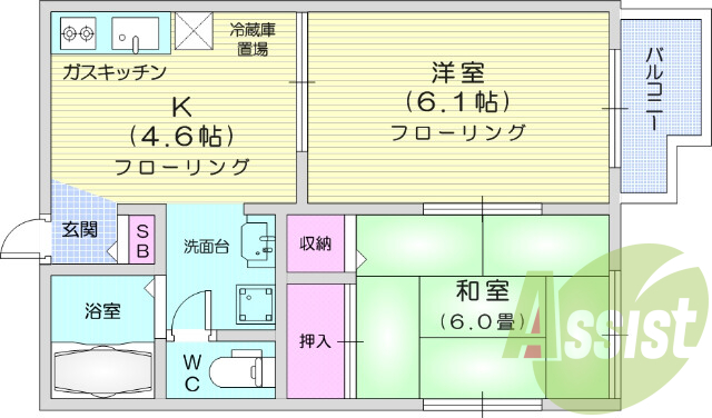 ２K、フローリング、エアコン、クローゼット、バルコニー