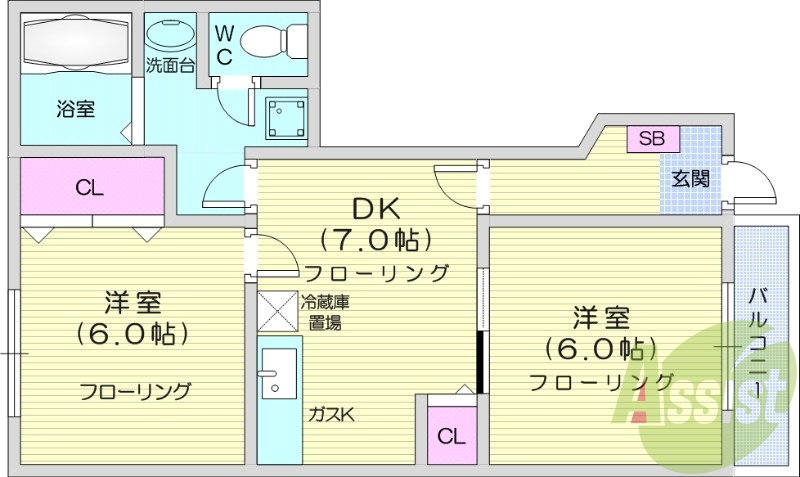 2DK、エアコン、バストイレ別、モニター付きインターホン