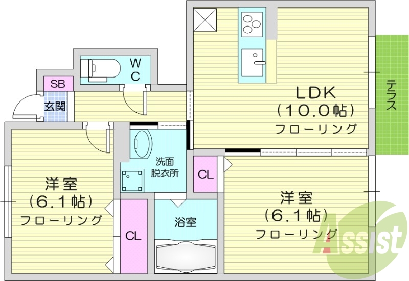 2LDK、ＴＶインターホン、温水洗浄便座、