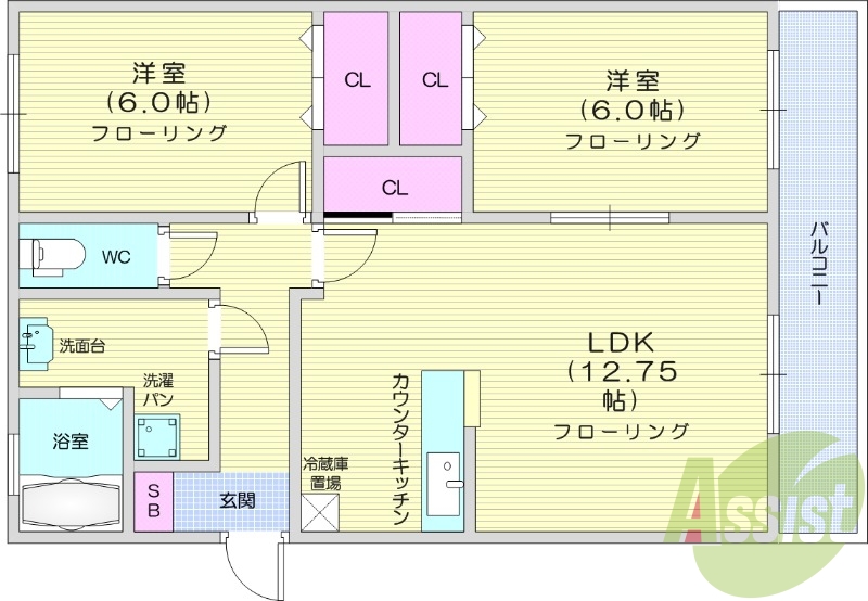 2LDK、温水洗浄便座、TVインターホン、独立洗面台