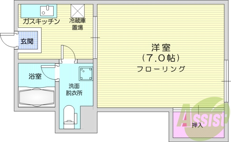1K、コンロ設置可、都市ガス、バストイレ別