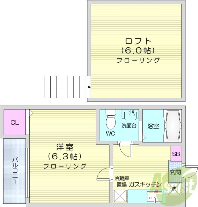 1K、ロフト付き、エアコン、バストイレ別